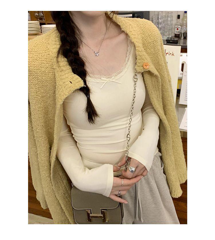 French Chic Lace Long Sleeve T-Shirt: Sweet, Cool, Spicy Collarbone Style, and Waist-Showing Korean Women's Autumn/Winter Top