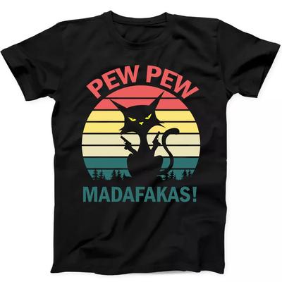 Pew Pew Madafakas Retro Schwarze Katze mit Waffen Lustiges Geschenk Schwarzes T-Shirt 207