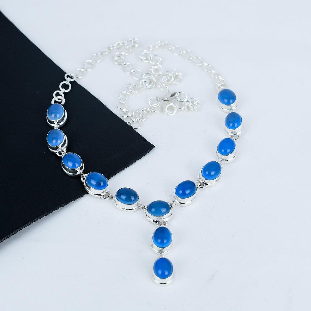 Natural Blue Angelite Gemstone Handmade 925 Sterling Silver Necklace, Blue Angelite Silver Necklace For Wife, Unisex Necklace, Mother's Day Gift