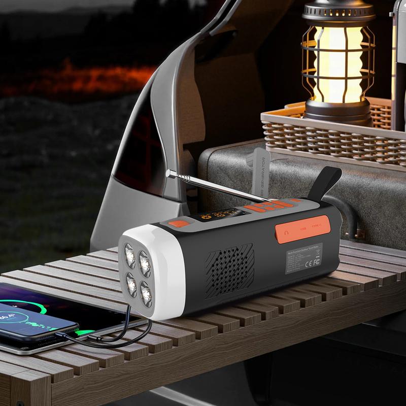 4500mAh Battery Operated Radio with Flashlight SOS Alarm Headphone Jack USB C/Solar/Hand Crank Charging Power Bank Phone Charger