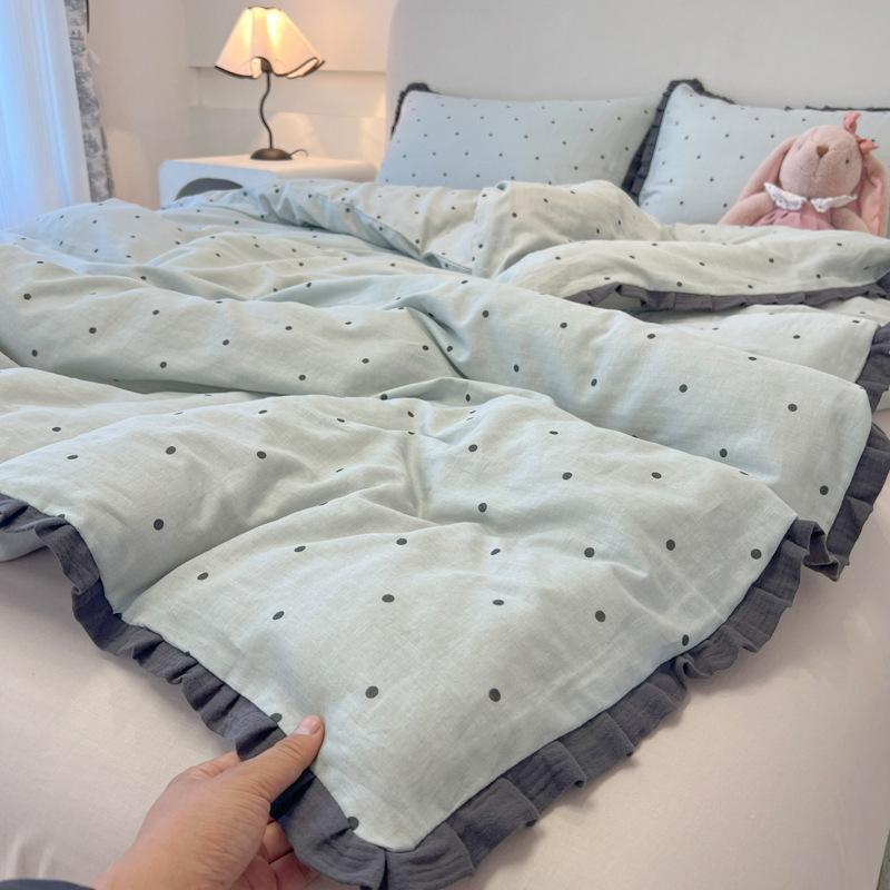 French Style Lace Bedding Set 3/4PCS - Wash Cotton Duvet Cover & Pillowcases Soft Breathable Active Printing for Home Bedding