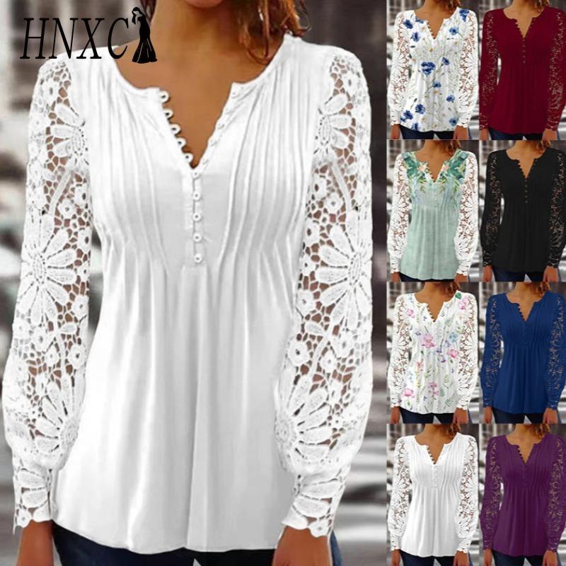 HNXC Women's Fashion Casual Solid Color Print Long Sleeve V Neck Blouses & Shirts