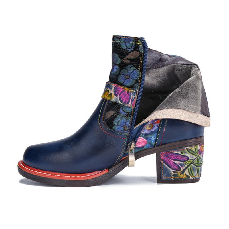 Johnature Vintage Floral High Heeled Women's Boots Genuine Leather Shoes Hand-painted Belt Buckle Fashion Short Boots