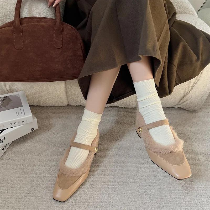 Fashion Square Toe Shallow Fur Loafers Women Boots Winter New Suede Retro Elegant Shoes Women 2025 Trend Party Cozy Fashion Boots Mujer