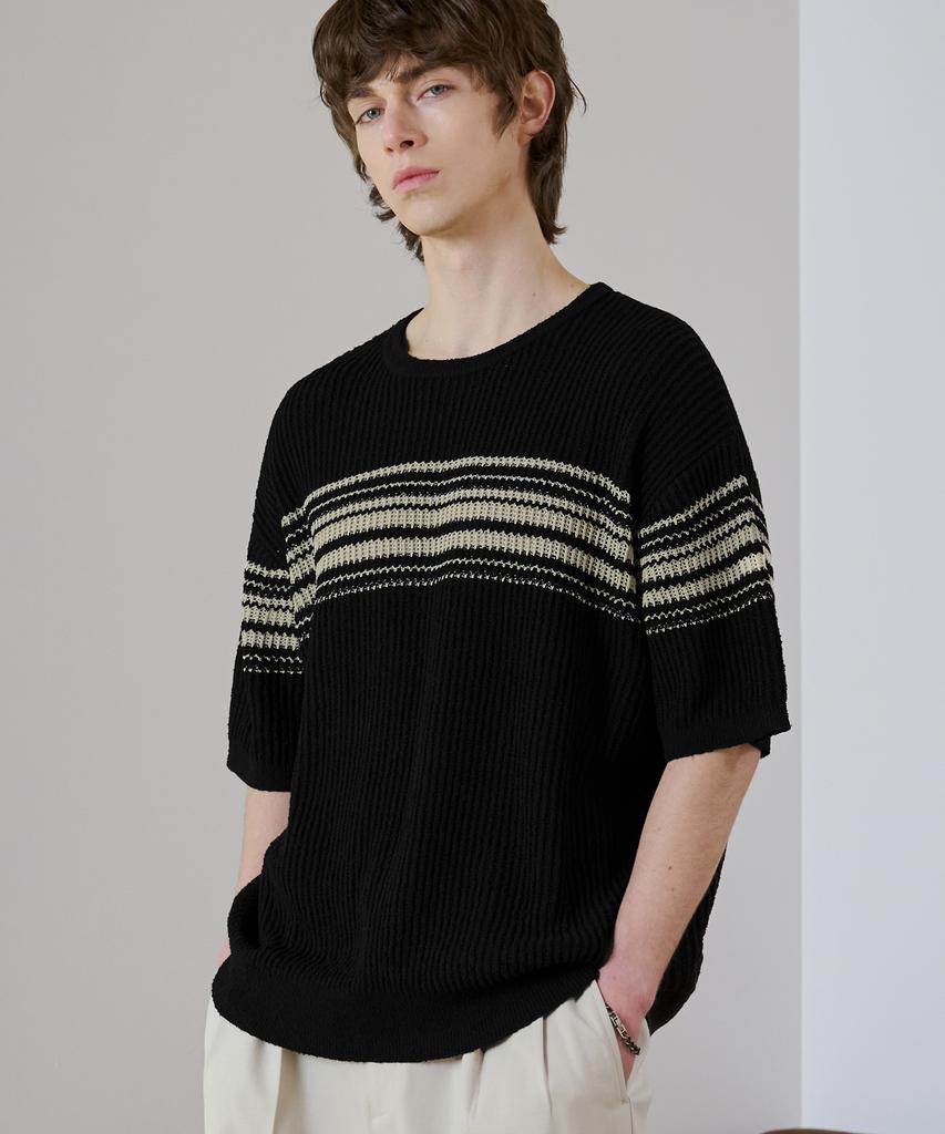 DRAW FIT Boucle Edge Stripe Half Knit [Black]