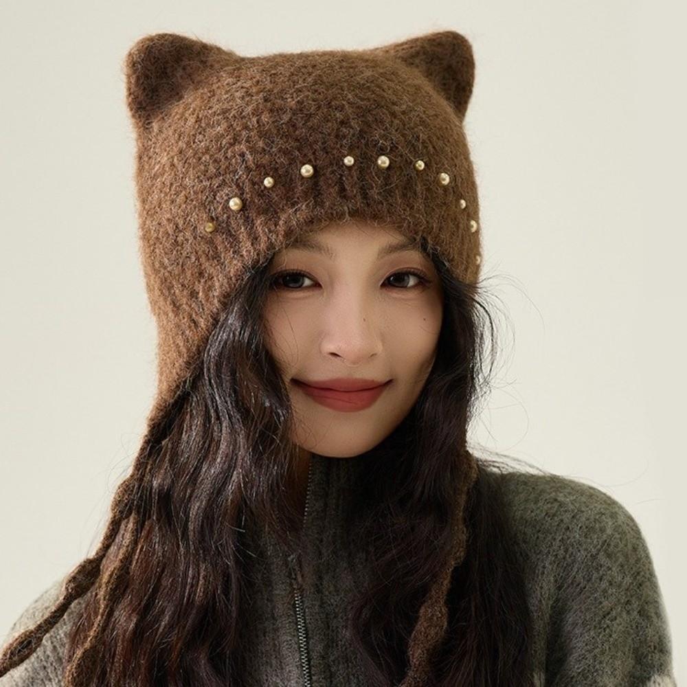Windproof Cat Ear Beanie Pearl Tassel Ear Protection Hat Y2K Aesthetic Knit Earflap Hat for Women