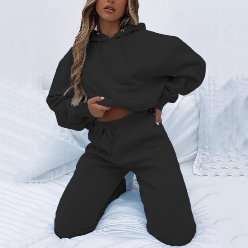 Womens Solid Color Hooded Long Sleeve Sweatshirt Set Casual Street Style Outfit