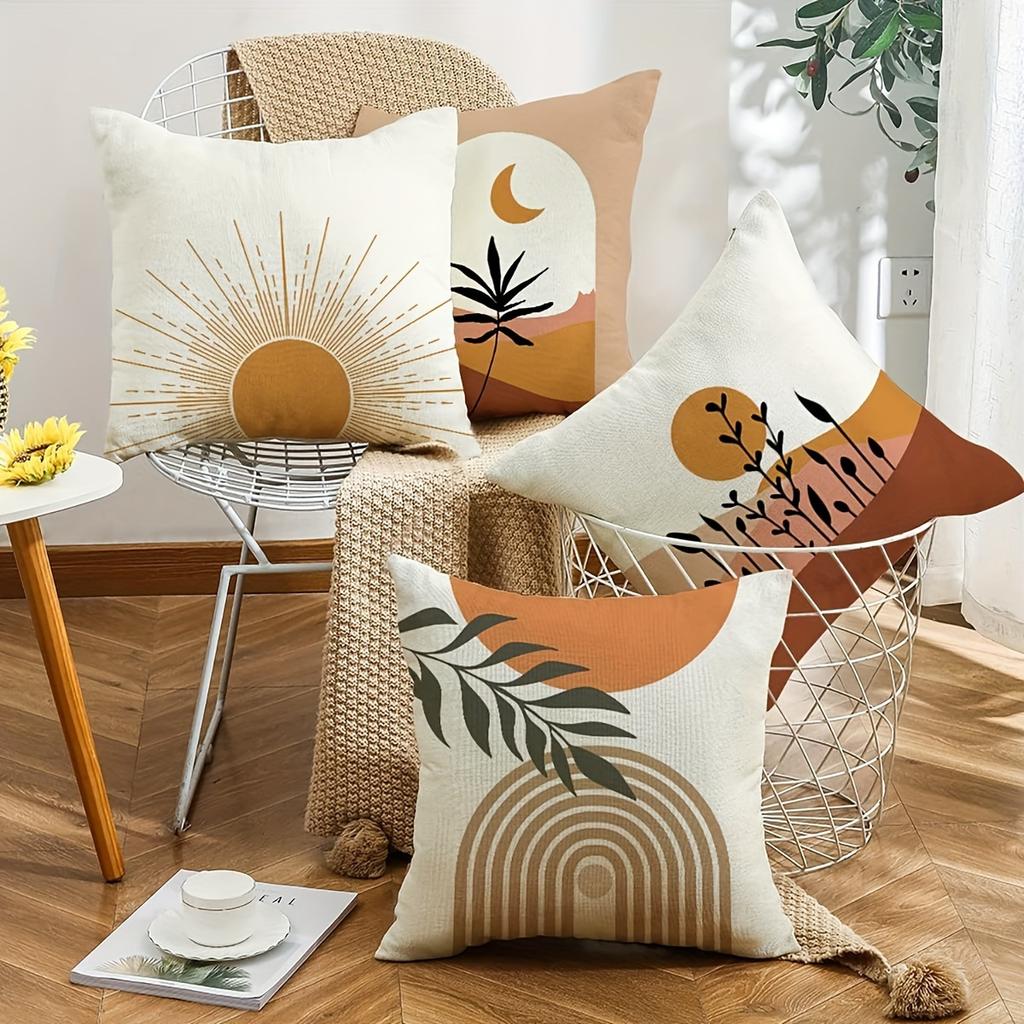 4pcs Bohemian Sun & Leaf Geometric Print Pillow Covers - Soft Decorative Cushion Covers with Zipper Closure, Machine Washable, Multiple Sizes for Livi