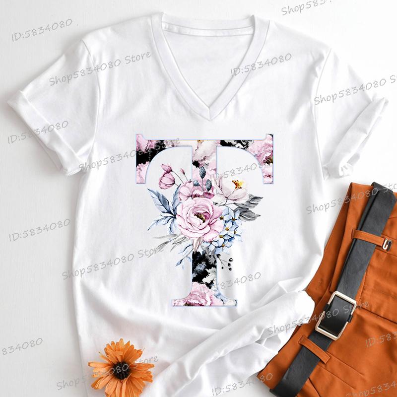 Watercolor Letter C Print Women Vneck Tshirts 26 Initials Flower Retro Classic Tops Alphabet Floral Womens Birthday Gift Tees