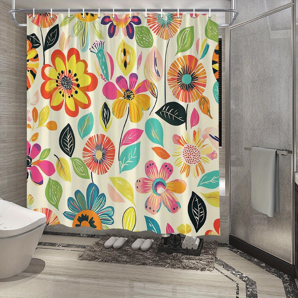 Vibrant Floral Pattern Waterproof Shower Curtain For Bathroom Decor, Adding A Splash Of Color And Modern Style To Your Space