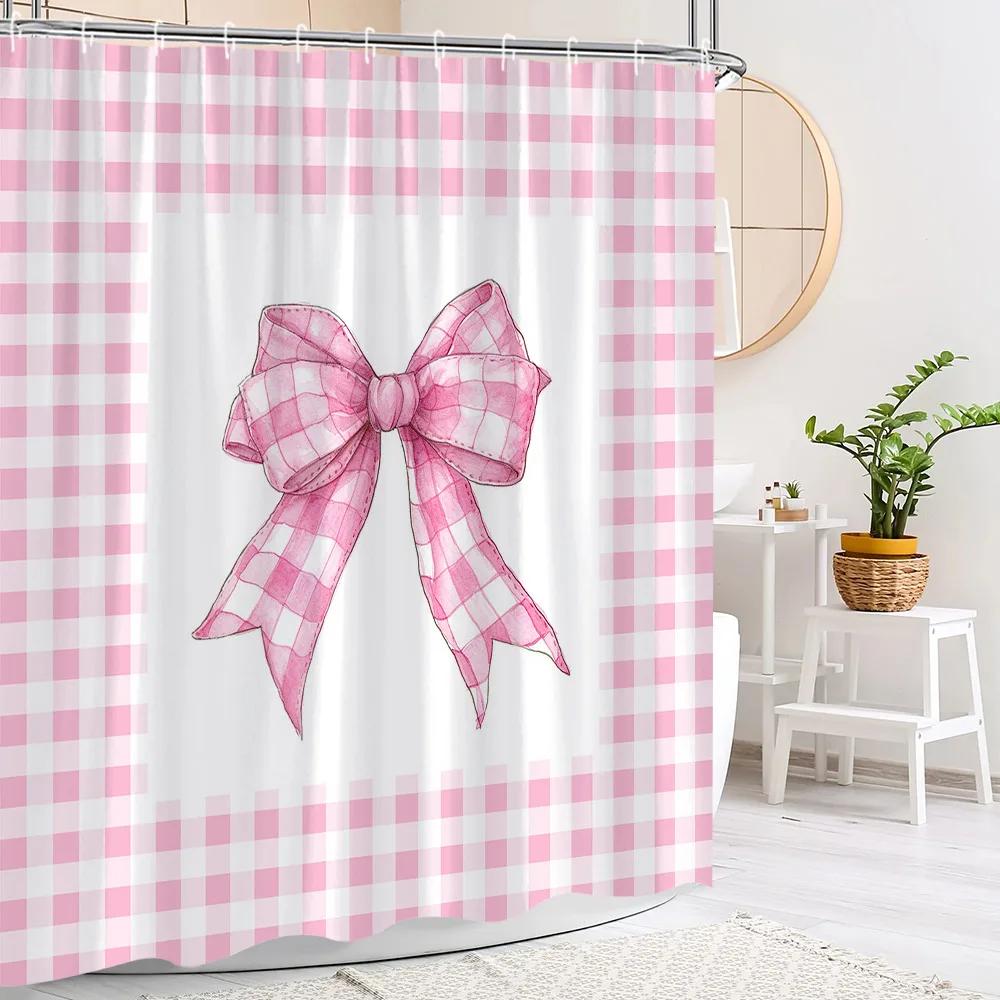 Pink Cute Bow Shower Curtain Fashion Stripe Plaid Girls' Holiday Gift Polyester Fabric Shower Curtains Bathroom Decor With Hooks