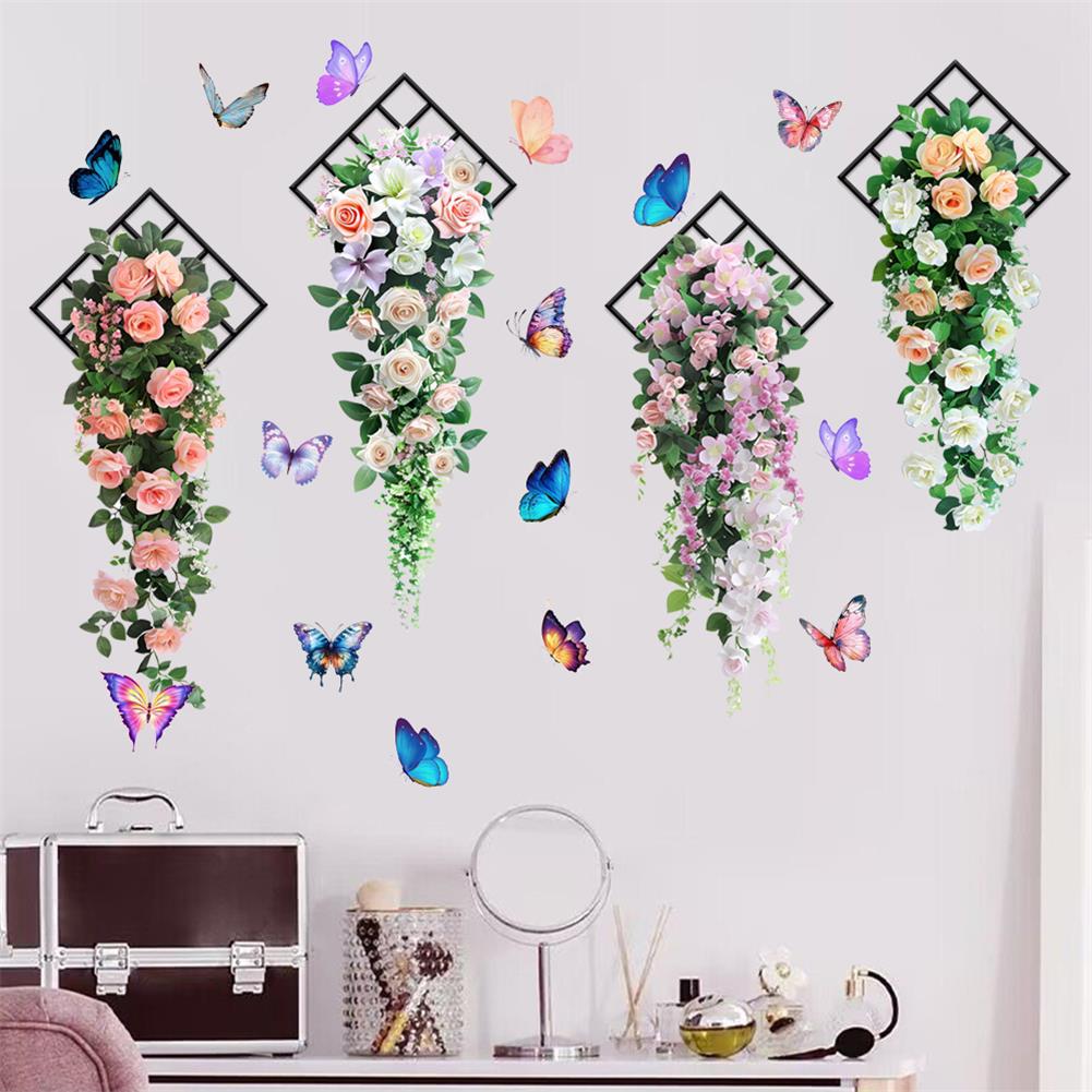 Butterfly Flower Vine Rose Buds Self-Adhesive Waterproof Wall Stickers for Living Room Bedroom Home Decor Wall Decals