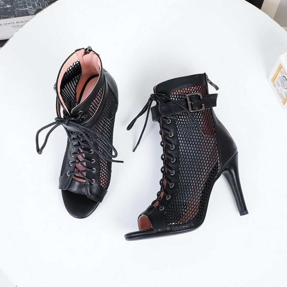 FHC 9.5CM Women High Heeled Sandals Boots,Summer Ankle Botas,Hollow Out Mesh Shoes,Peep Toe,Black,Apricot,Front Laces.Dropship
