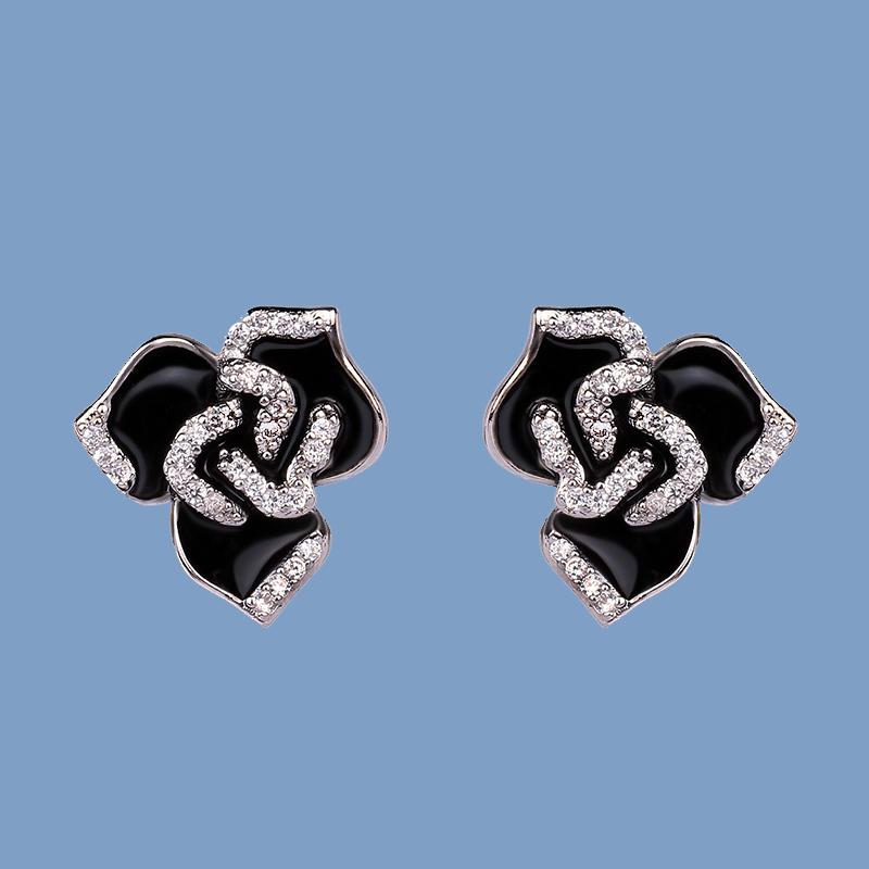 Newest Jewelry Enamel Drip Oil Color Black Color Flower Earring  Silver Birthday Party Simple Jewelry Gift For Ladies