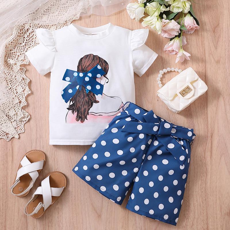 Girls' Summer Two-Piece Set: Short Sleeve Top & Shorts, Casual Sport Style, Lightweight and Printed for Kids and Babies.