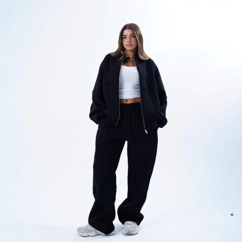 

American Casual Suit Cardigan Sportswear Women s Dress Fashionable Street Style Long-sleeved Coat Trousers Two-piece Set S чорний