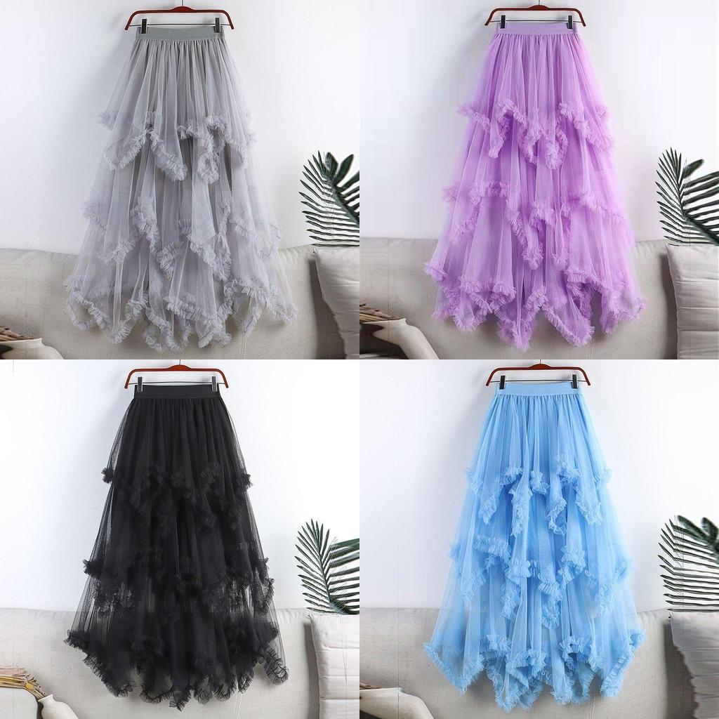Princess Style Mesh Skirt With Ruffle Hem And High Waist For Summer Casual Wear