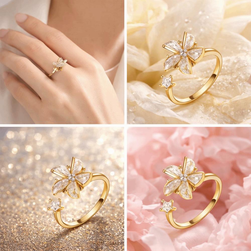 Zircon Rotatable Ring Adjustable Crystal Flower Ring Temperament Flower Opening Ring Daily Wear