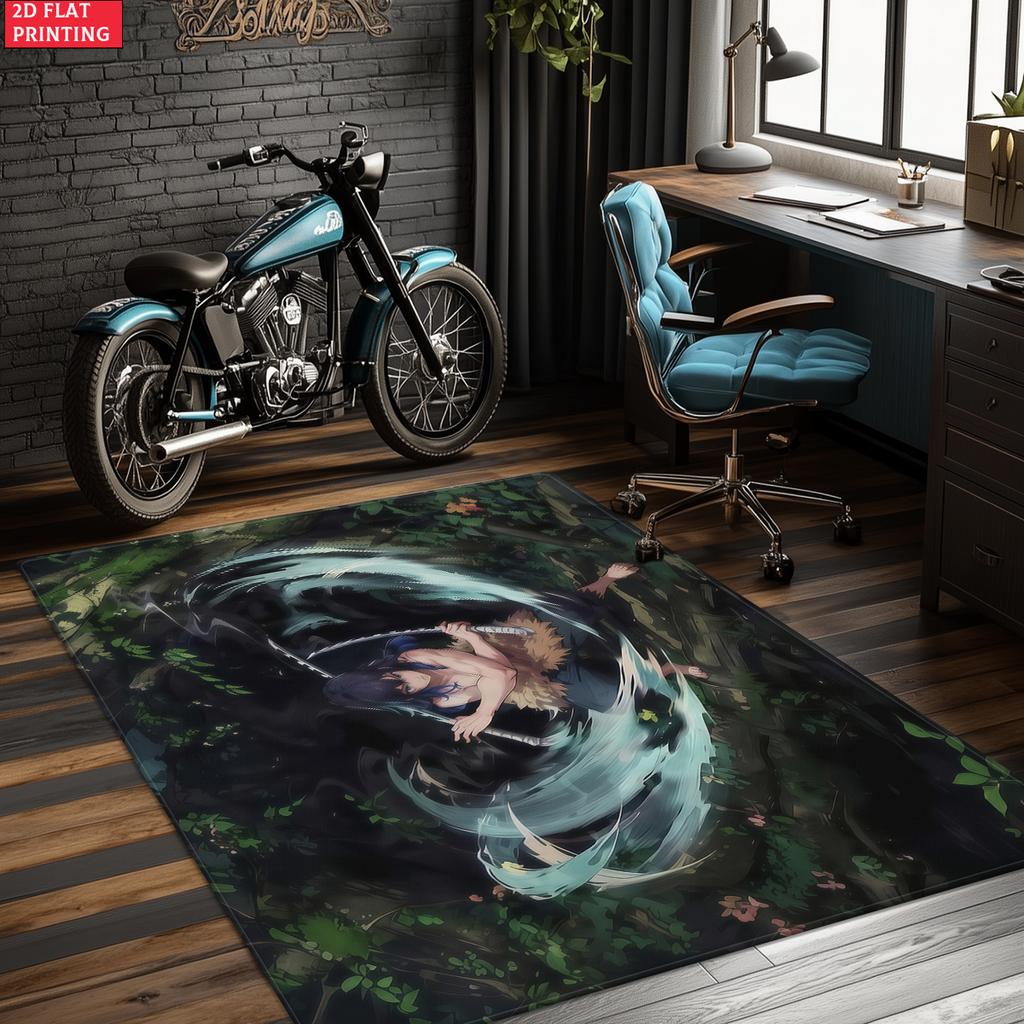 Anime Swordsman Area Rug, Jungle Water Wave Theme Floor Mat, Decorative Carpet for Gaming Room Bedroom, Washable Home Decor Gift