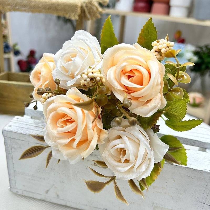 30Cm Long Artificial Flower 6 Pearls Roses Fake Flowers Premium Floral Bouquet Small Roses Silk Flowers