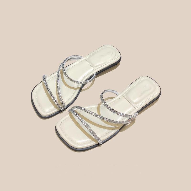 

French low-heeled rhinestone outer wear small slippers female 2025 summer new fairy style with skirt fashionable and casual thick bottom 40