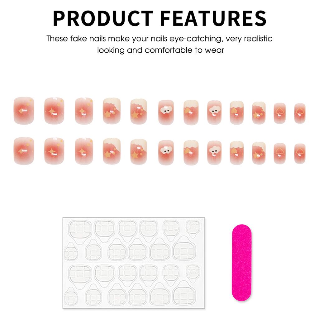 Blush Short Fake Nails with Cloud Printed Lightweight and Easy to Stick Fake Nail for Women and Girl Nail Salon