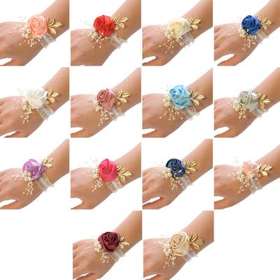 Delicate Silk Wrist Corsage Bracelet with Pearl Beads for Wedding Prom