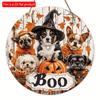 2D Flach 20*20cm, Halloween Heimdekoration mit hölzernen kreisförmigen kreativen Logos mit Zauberern, Hunden und Kürbissen, für Zuhause, Garten, Küche