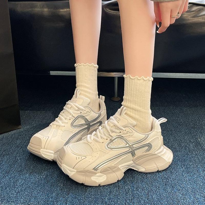 Casual Sport Shoes Women's Mesh Laced Versatile Leisure Sneakers Fashion Color Block Flat Top Boots round Toe Rubber Outsole