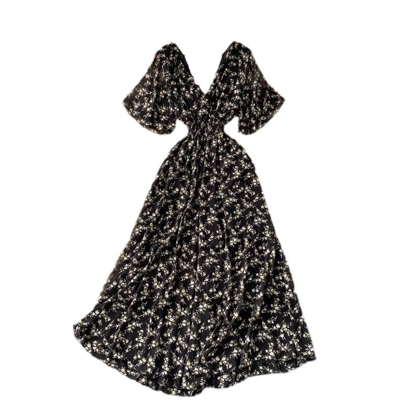 Sexy V-neck Floral Chiffon Beach Dress - Waist-Cinching Long Summer Fashion