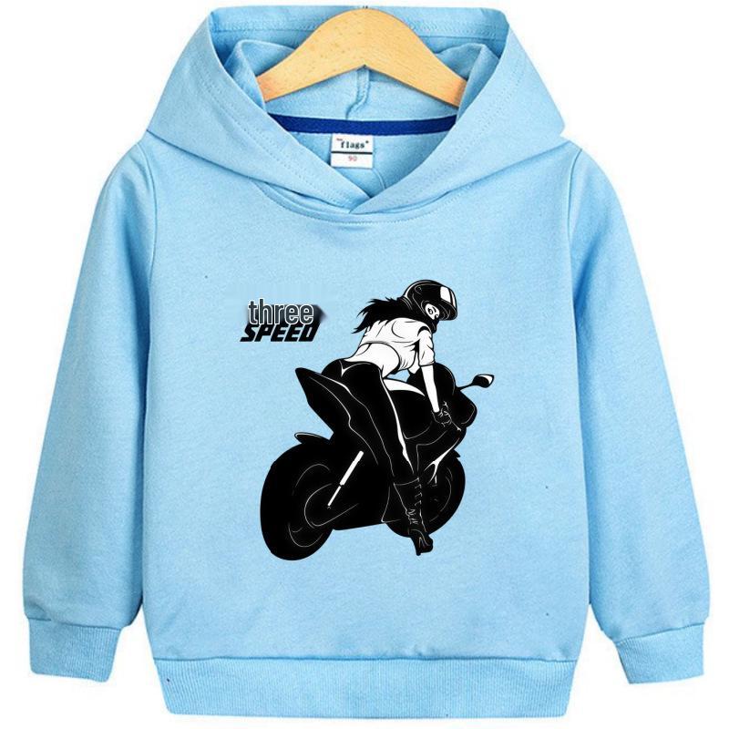 2026 Kids Unisex Hoodie: Black & White Silhouette Female Motorcycle Rider SPEED Racing Theme