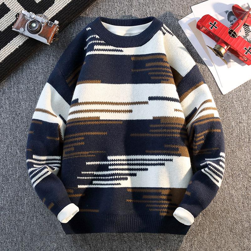 Men's Autumn Winter Sweater Round Neck Long Sleeve Thread Contrasting Color Bottoming Shirt Top
