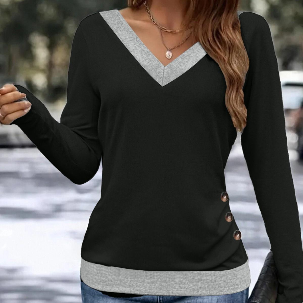 Women S V Neck Long Sleeve Casual Solid Color Spliced Top S