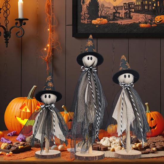 3Pcs Ghost Ornaments Wooden Halloween Decorations Adorable Shape Fabric Ghost Figures Table Decor Party Supplies