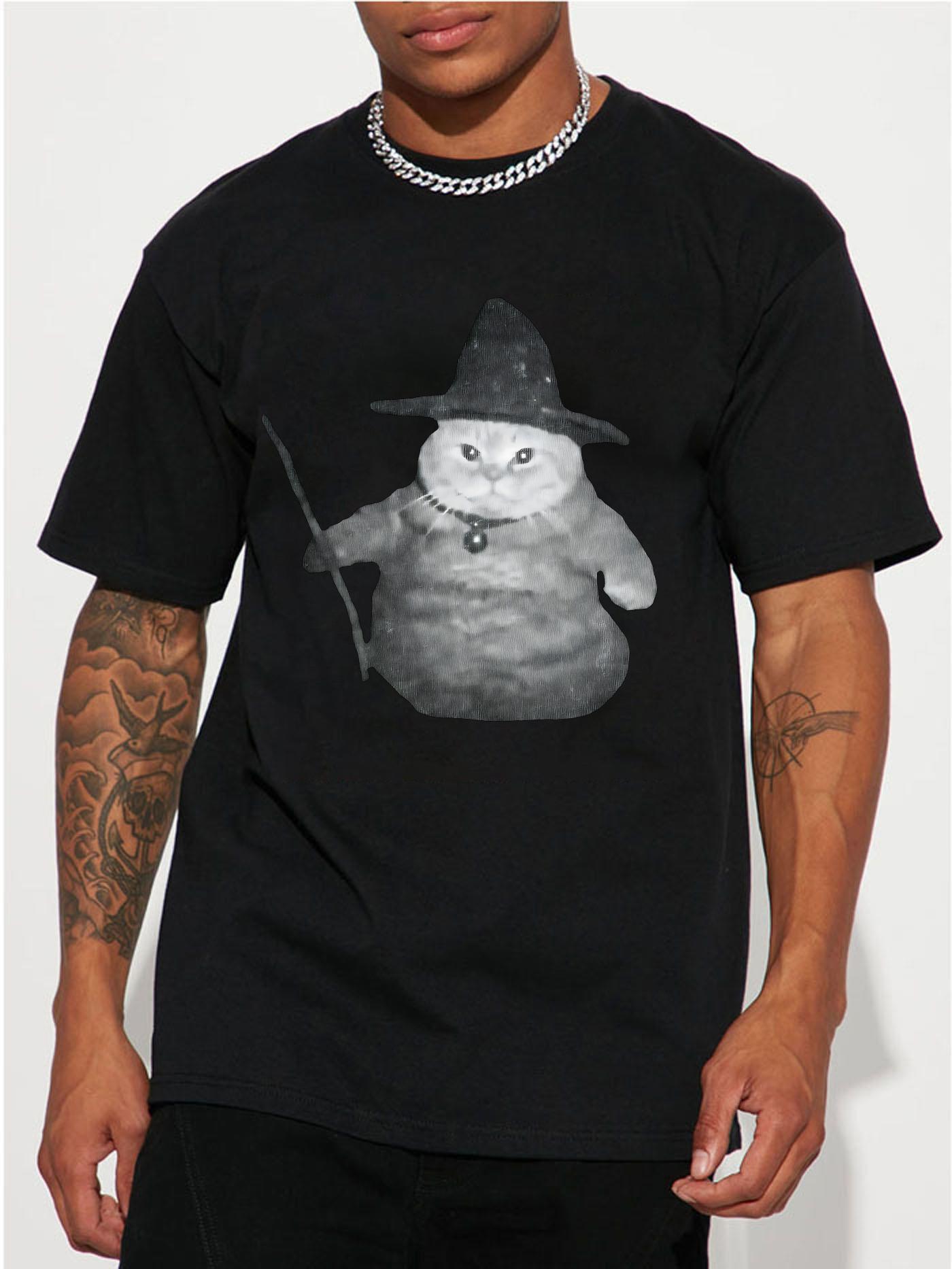 Cotton T-shirt with Witch Cat Print XXL