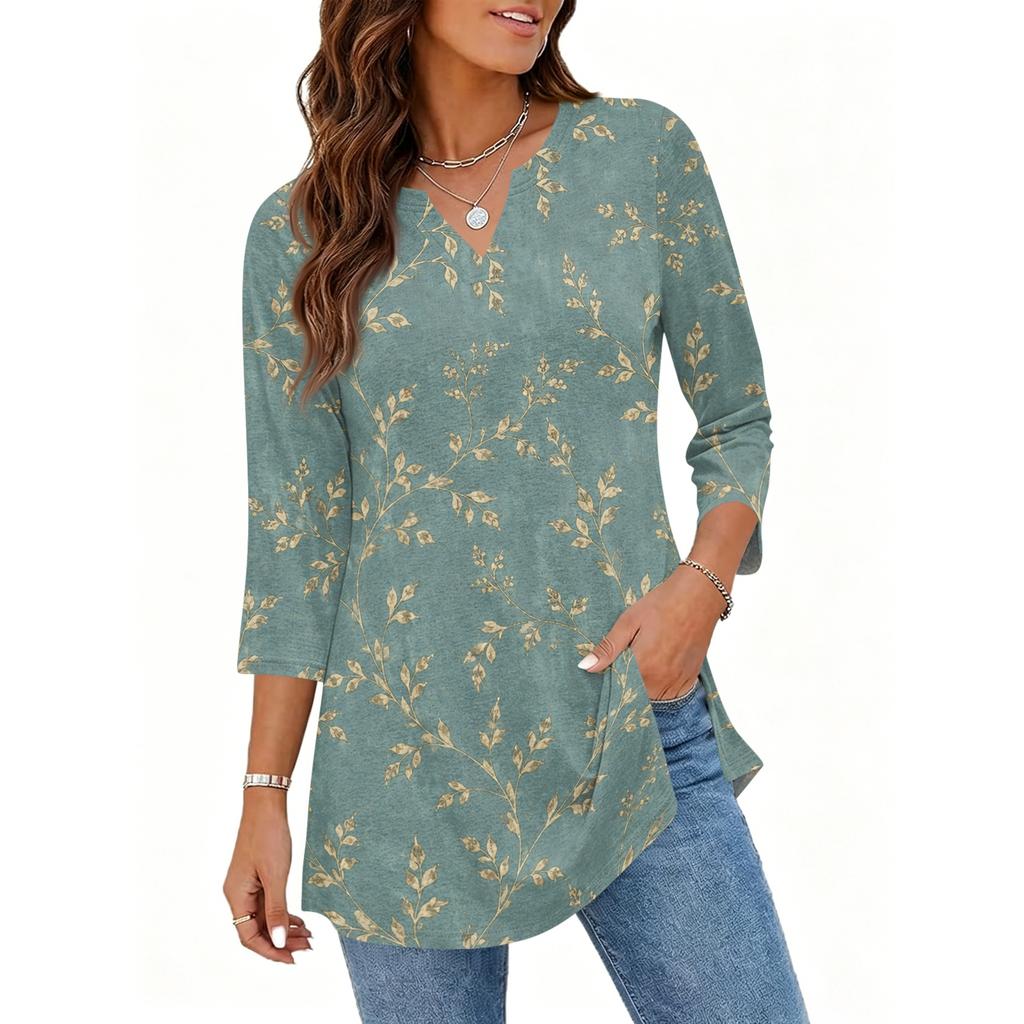 Women's Casual V Neck 3/4 Sleeve Pullover Tunic Top Floral Print Mid Length Blouse Lightweight Soft Fabric
