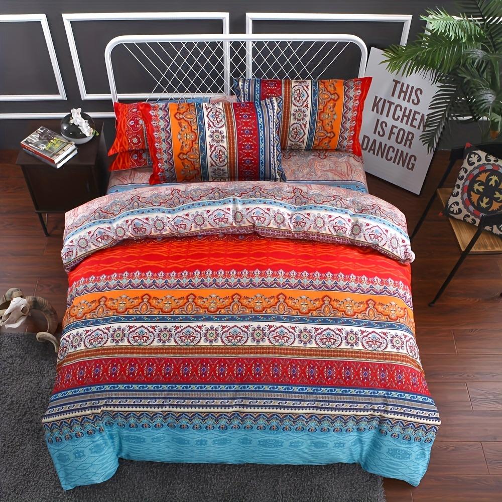 3Pcs Boho Bedding Striped And Floral Bedding Bohemian Exotic Artistic Duvet Cover Set (1Pc* Duvet Cover + 2Pcs Pillowcase