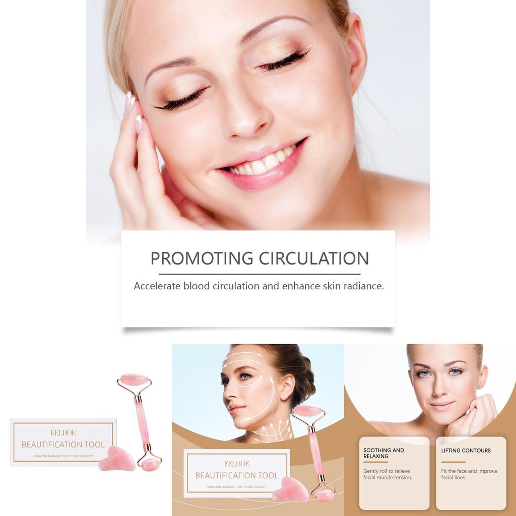 Eelhoe Pink Quartz Roller Massage Set For Soothing Skin Tightening Beauty Care Tool