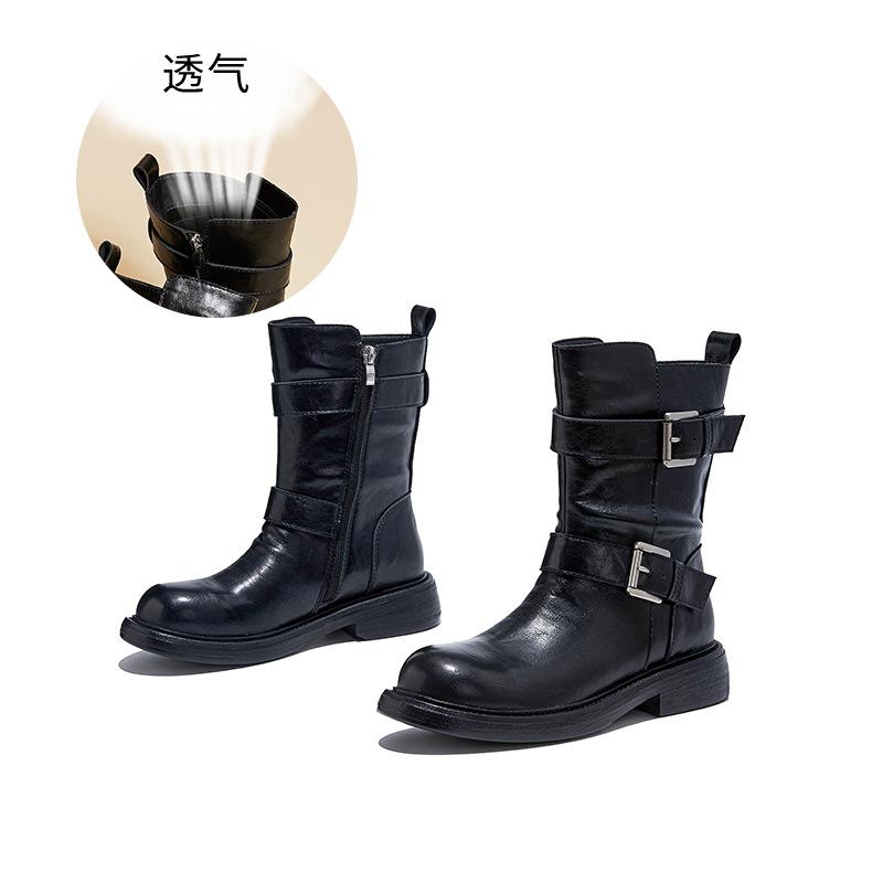 Leather retro Martin boots 2025 winter British style one-word buckle thin boots foreign style short boots