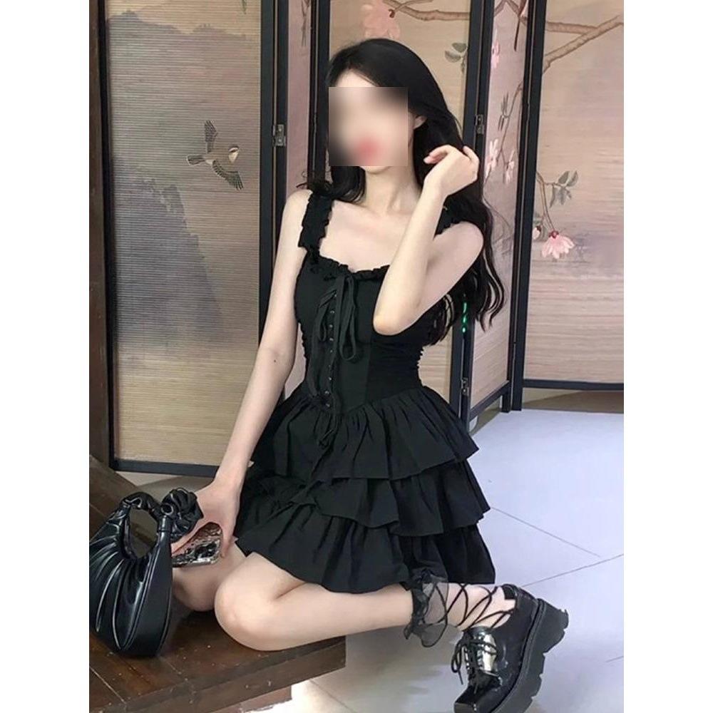 Hepburn Style Suspender Dress Female Summer Spice Girl High Sense Retro Black Cake Dress Waist Short Small Black Dress