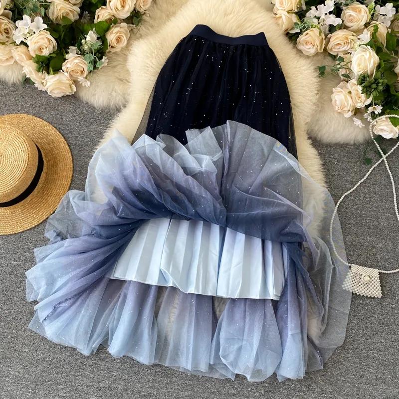 Spring Summer Elegant Women's Gradient Color Mesh Half Skirt Temperament High Waist Leisure Ladies A Pleated Skirt