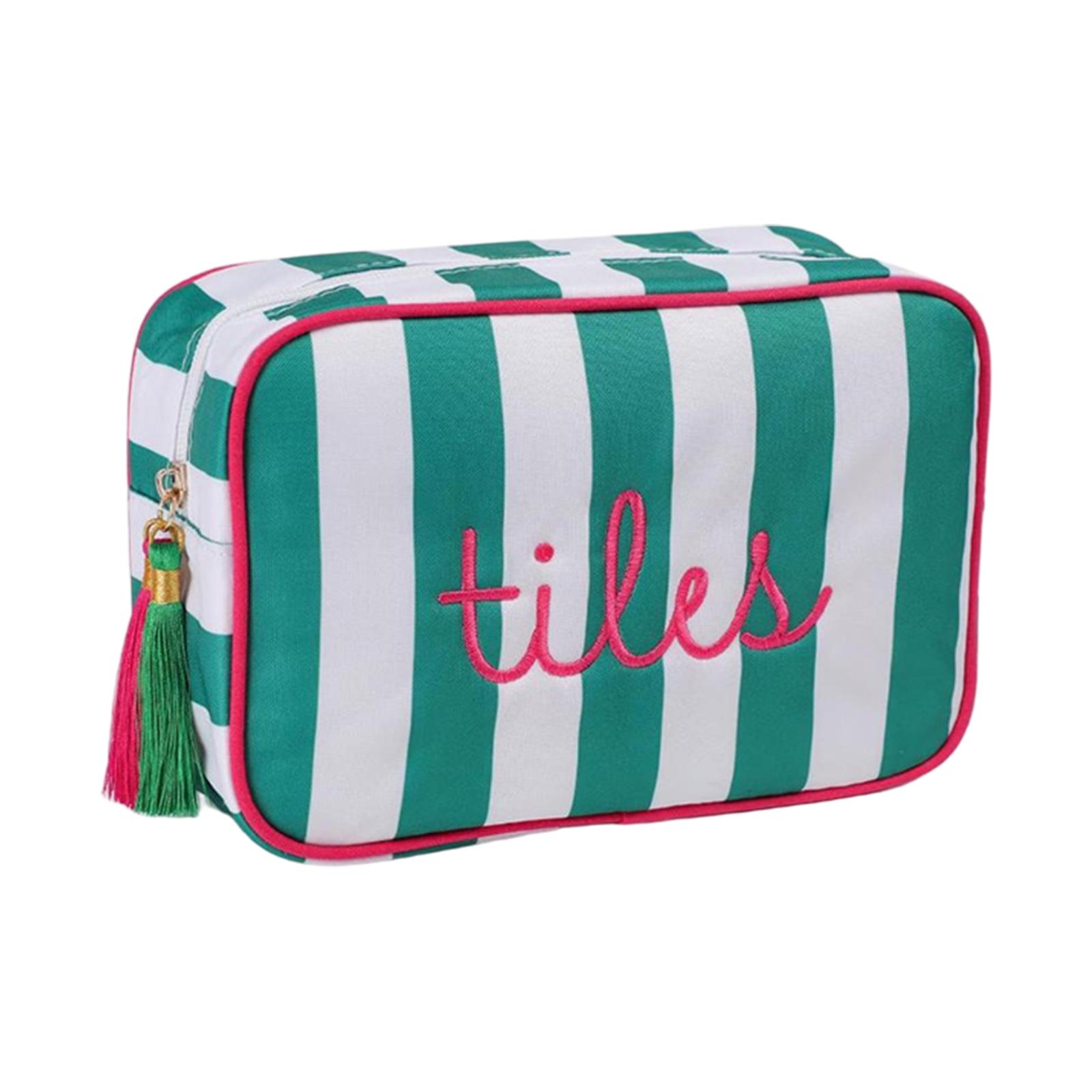 

Striped Rectangular Zippered Pouch with Embroidered Text and Tassel Accent for Travel Toiletries Accessories Storage Bag One Size зелёный