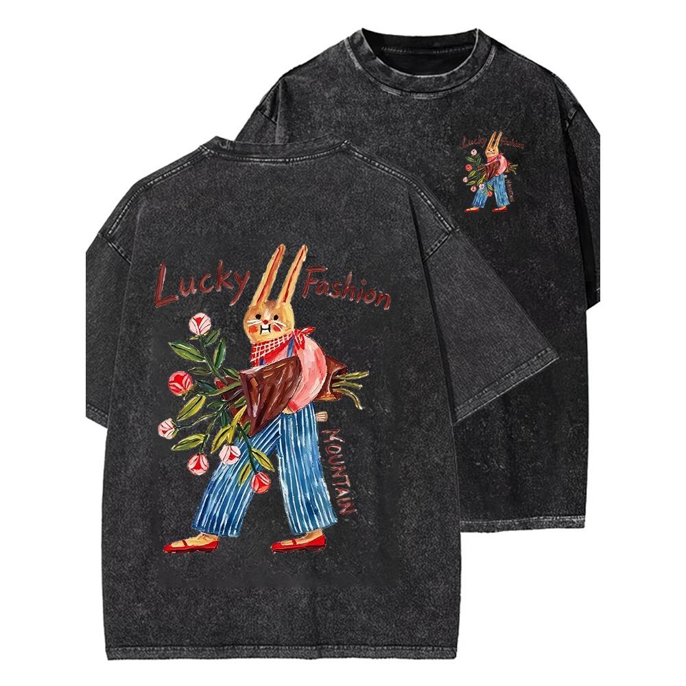 Uroczy Graficzny Królik Spłowiały T-shirt Damski Kreskówkowy Króliczek Nadruk Oversize Koszulka Vintage Harajuku Streetwear Codzienny Krótki Rękaw Do Noszenia Na Co Dzień Fajny Top