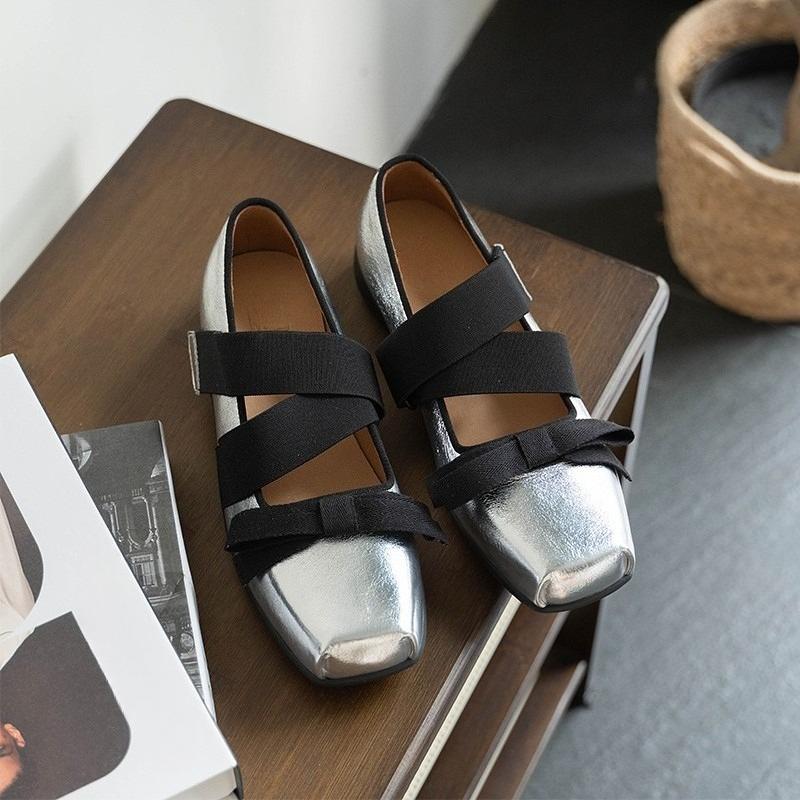Fashion Square Toe Retro Sporty Ballet Shoes Women's Outer Wear Light Mouth Bow Lace-Up Casual Mary Jane Non-Slip Flats