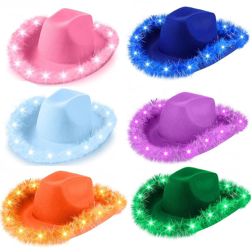 Light Up Cowgirl Hat Feather Edge Shiny LED Cowboy Hat Five Pointed Star Hats Performance Costume Cap Birthday Party Costumes
