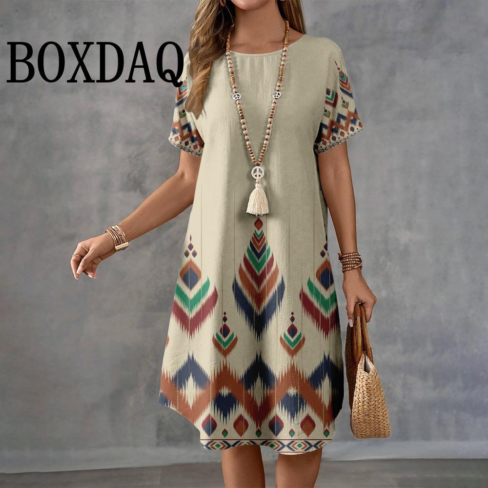 

2025 Ретро Этнический Принт Повседневный Женский O-образный Вырез Платье Длиной До Колена Летняя Мода Элегантные Женские Платья А-силуэта 5XL