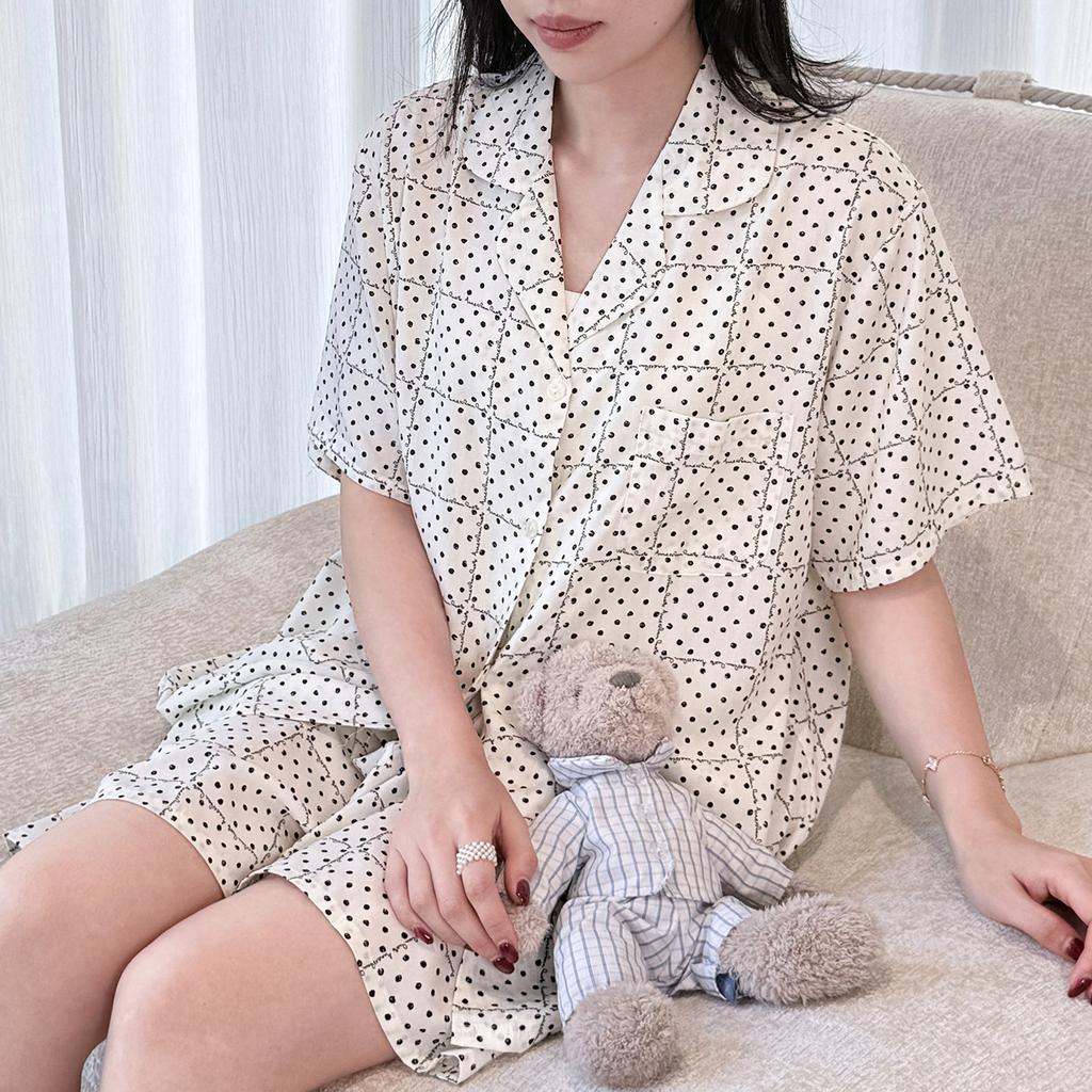 Sweet wind polka dot cotton and silk pajamas women's summer short-sleeved shorts lapel thin can be worn outside loungewear high-end suit