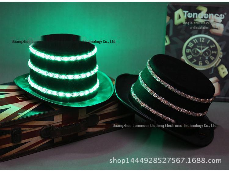 LED Jazz Hat with Diamonds: High-Brightness White Light Top Hat for Dance Parties, KTV, and Bars, Battery Operated