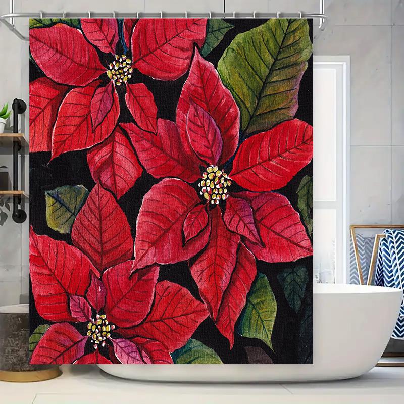 

Red Poinsettia Shower Curtain Christmas Decoration Waterproof Bath Mat Home Decor Bathroom Liner 72X84In W60H190(CM)-1 Pcs
