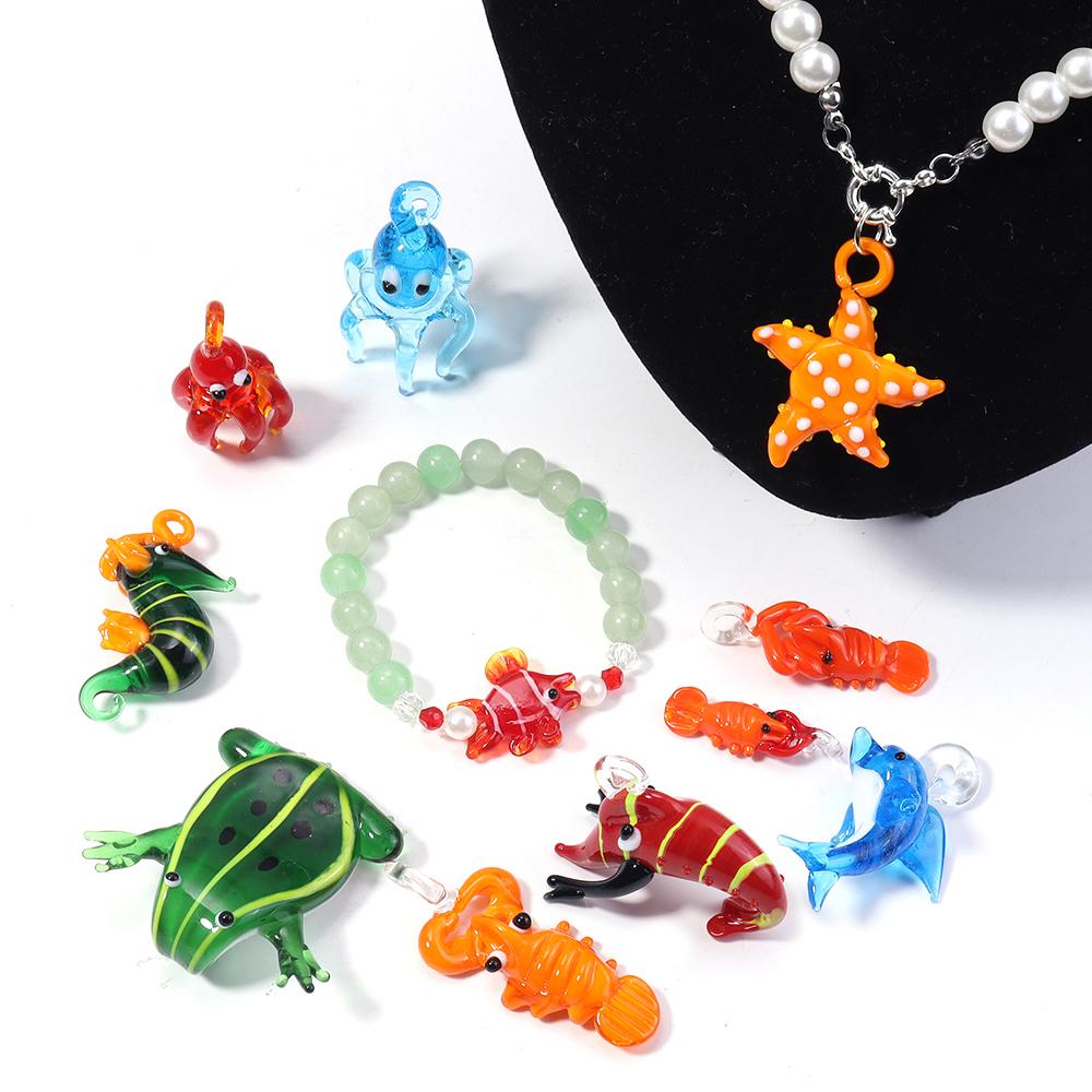 Animal Lampwork Beads Cartoon Dolphin Frog Shrimp Fish Glass Sea Animals Charms For DIY Jewelry Making Bracelet Pendant Keychain